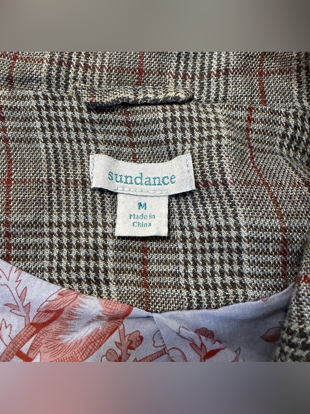 Sundance, 100% Linen Blazer Jacket Plaid Blue Bird Floral Lining | Women Size M - Picture 4 of 9